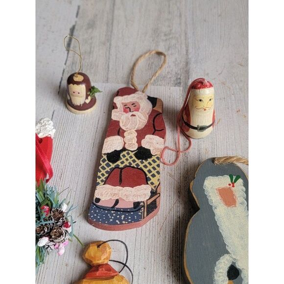 Santa Claus paint brush rustic wooden variety ornament Xmas set - Picture 5 of 12